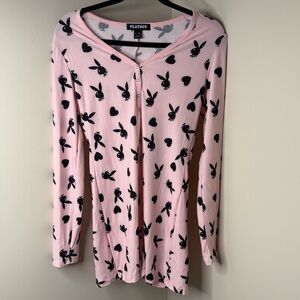 PLAYBOY Pajamas Light Pink Onesie with Black Bunny Print | Loungewear Button Up